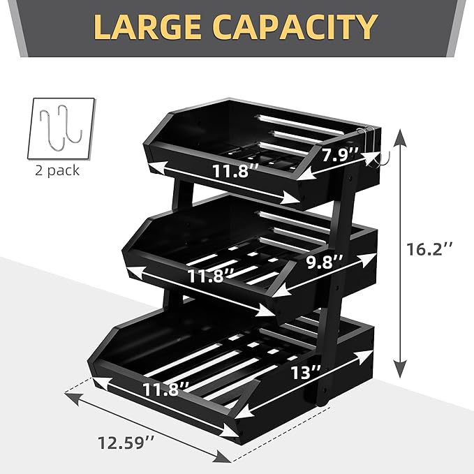 Bamboo 3 Tier Fruit Basket For Counter, Large Capacity Fruit Storage Countertop, Fruit Holder, Wooden Pantry Organizers and Storage, Kitchen Countertop Organizer With Two Banana Hangers (Black)