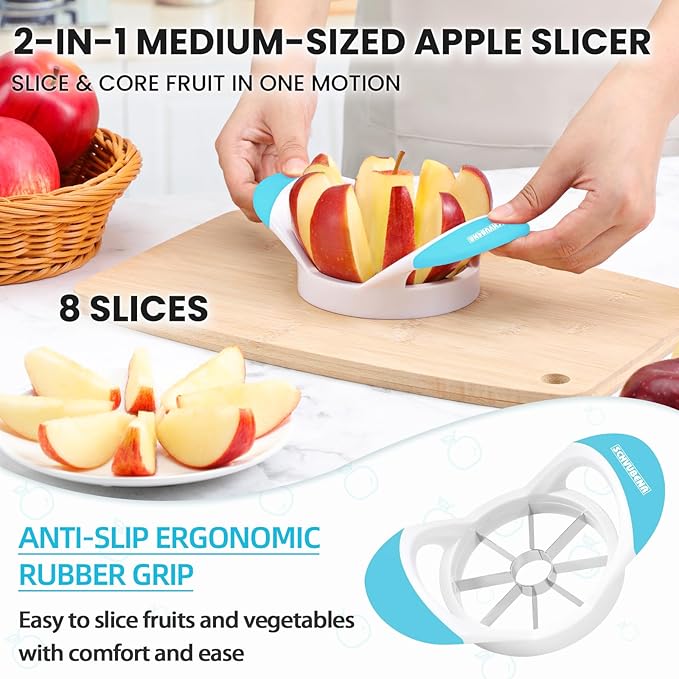 SCHVUBENR 3.5 Inch Apple Slicer - Professional Apple Cutter - Stainless Steel Apple Corer - Super Sharp Apple Slicer and Corer - Apple Tool with 8 Sharp Blades(Blue)
