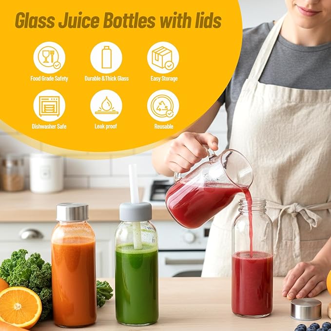 10 oz Clear Glass Bottle with Lid, Reusable Glass Water Bottles with Stainless Steel Cap & Straws for Juicing, Milk, Ginger & Smoothies, Refrigerator, Leak-Proof, Juice Containers Set of 6
