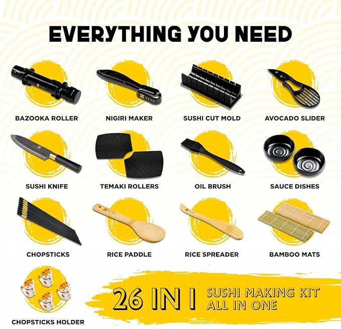 Alas Sushi Making Kit- Complete Sushi Making Kit for Beginners & Pros Sushi Makers, Perfect Sushi Making Kitchen Accessories Like Sushi Knife, 2 Sushi Mats, Rice Bazooka, Dipping Plate, & More (Black)