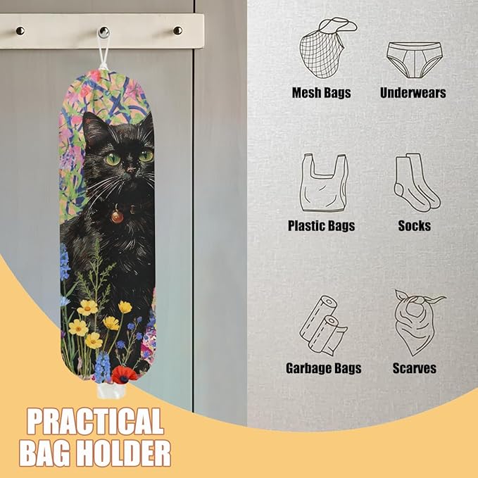 Flower Cat Plastic Bag Holder, Wall Mount Grocery Bag Holder, Plastic Storage bag, Pull Rope Free Adjustment, Plastic Bag Holders for Grocery Bags, Cat Lover Plastic Bag Dispenser for Home Kitchen