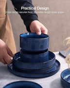 Famiware Star 24-Piece Stoneware Dinnerware Sets for 6 - Shallow Pasta Bowls & Flat Plates, Modern Rustic Reactive Glaze Dishes, Chip & Scratch Resistant, Microwave & Dishwasher Safe, Nebulas Blue