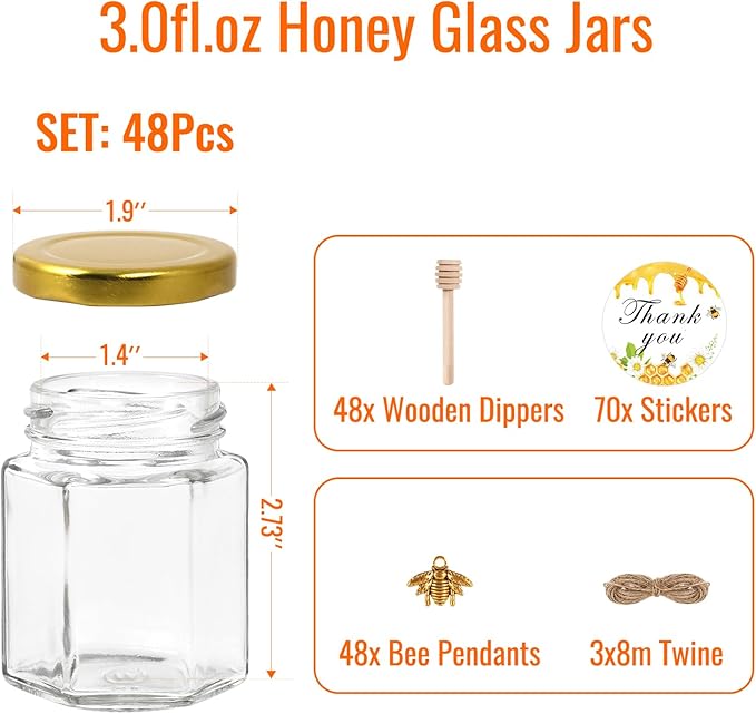 BIGIVACA 3 oz Hexagon Mini Glass Honey Jars with Wood Dippers,48 Pack Small Honey Jars with Gold Lids,Bee Pendants,Jutes,Bee Stickers,Perfect for Baby Shower,Wedding Favors,Party Favors