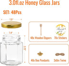 BIGIVACA 3 oz Hexagon Mini Glass Honey Jars with Wood Dippers,48 Pack Small Honey Jars with Gold Lids,Bee Pendants,Jutes,Bee Stickers,Perfect for Baby Shower,Wedding Favors,Party Favors