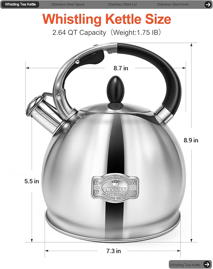 Whistling Tea Kettle for Stovetop, (2.64 Quart-Mirror） Food Grade Stainless Steel Teapot of 5-layer base