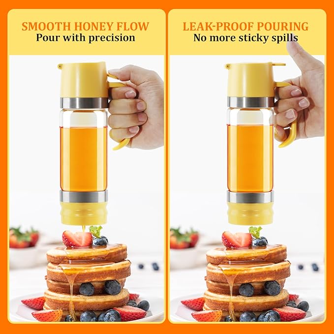 Aelga Glass Honey Dispenser Pot, No Drip 12 OZ Honey Jar with Handle, Syrup Dispenser for Coffee or Tea, Yellow