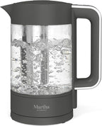 Martha Stewart  Electric  Kettle with Removable Stainless Steel Tea Infuser, Glass Carafe 1.7L (7 Cups), Hot Water Boiler, 4 Presets, Keep Warm & Auto Shut-Off, Cordless 360° Swivel Base, Caviar Gray
