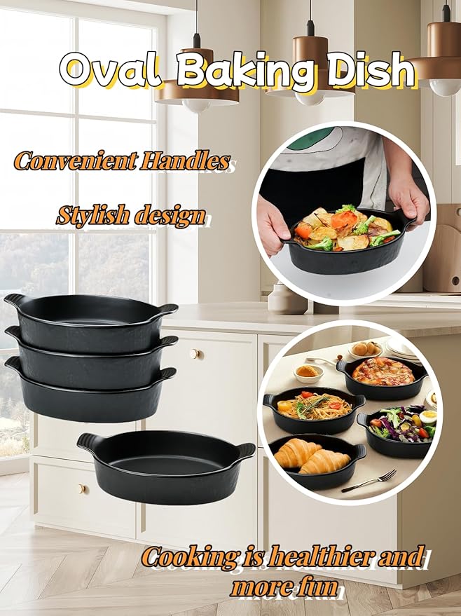 Oval Au Gratin Baking Dishes Set of 4 9" x 5" 19 oz matte black Ceramic Oven Safe & Heat Resistant With Handles for Small Mini Casseroles Cooking & Serving
