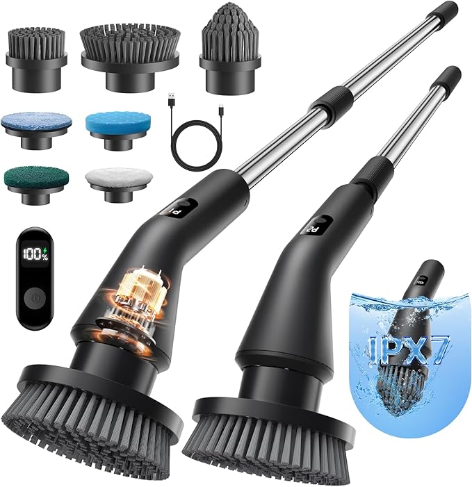 Leebein Electric Spin Scrubber, 2025 New Cordless Cleaning Brush Bathroom Scrubber, IPX7 Waterproof Shower Scrubber with 7 Brush Heads, Extendable Long Handle and 2 Speeds Scrubber for Bathtub Floor