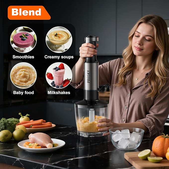 Immersion Blender Handheld Hand Blenders, 20 Speed & Turbo Mode Hand Held Blender, Heaviest Duty Copper Motor, Stainless Steel Blades, Milk Frother Wand, Whisk, 600ml Beaker, 500ml Chopper (Black)