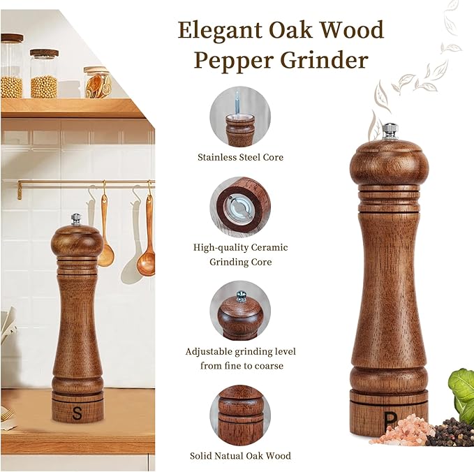 Wooden Salt and Pepper Grinder Set Refillable Salt & Pepper Mills Adjust for Coarseness, Crafted of Solid Oak Wood with Ceramic Stainless Steel Core, 8 Inches - 2 Packs