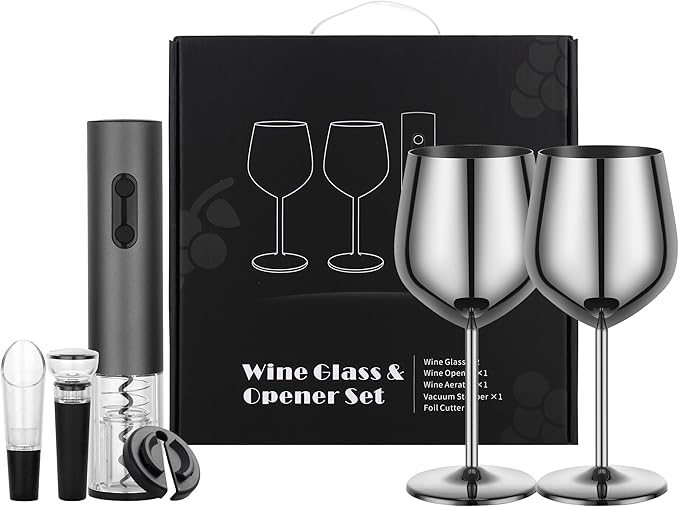 Electric Wine Opener Set Rechargeable, Automatic Corkscrew Kit, Including Stainless Steel Wine Glass of 2, Silver, Ideal Gift for Wedding, Wine Lover, Birthday, Girl, Men