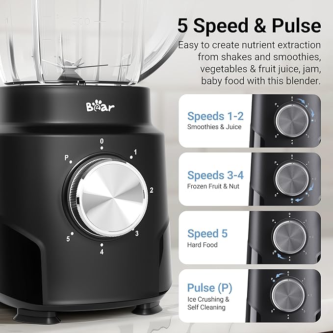 Bear 800W 6-Speed Blender, Smoothie Blender for Kitchen with 50oz(1.5L) BPA-Free Cup/Suction Feet/Feeding Hole/10 blades, Countertop Blender for Smoothies, Crush Ice, Frozen Fruit, Juice and Puree