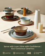 Pokini Plates and Bowls Sets for 6, Ceramic Dinnerware Sets, Kitchen Dish Set, Microwave & Dishwasher Safe Dishware, Highly Durable Reactive Glazed Dinner Set, Brown Green