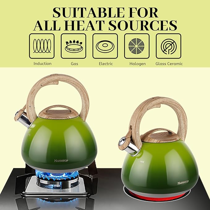 MARSKITOP Whistling Tea Kettle for Stove Top, 2.6 Quart Teapot for Stovetop, Stainless Steel Tea Pot for Stove with Wood Pattern Handle, Light Green