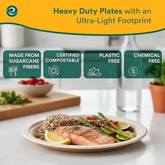 ECO SOUL Compostable 9 Inch(1000-Pack) Biodegradable Heavy-Duty Disposable Eco-Friendly Paper Plates for Christmas Dinner & Parties, Wedding, Event