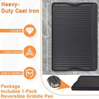 Cast Iron Griddle for Gas Grill, 16" x 24" Reversible Pre-Seasoned Large Flat Top Griddle Plate for Camp Chef etc., Stovetop/Electric/Propane/Charcoal, Outdoor Cooking Oblong Grilling Pan for Camping