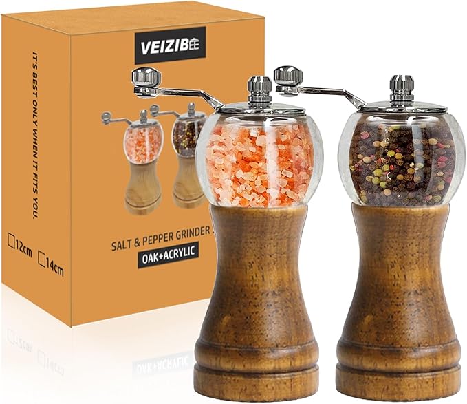 Pepper Grinder, Classical Roast Black Manual Pepper Grinder Set, Hand Shake Sea Salt Mill, Retro Style Wood， Acrylic，Ceramic Blades, Enjoy Fresh Pepper Spices (Walnut color 2pcs-6in)