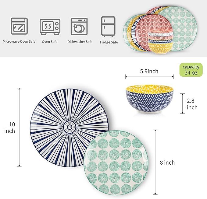 Selamica Ceramic Dinnerware Sets, 12-Pieces Plates and Bowls Sets, Scratch Resistant Dishes set for 4, Dishwasher & Microwave Safe, Assorted Colors