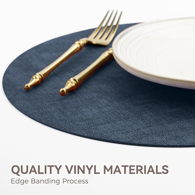 13" Round Placemats Set of 4, Reversible Faux Leather Heat Resistant Table Mats, 100% Waterproof Oilproof Wipeable Table Protective Placemats for Vinyl, Washable for Indoor (4, Navy Blue)