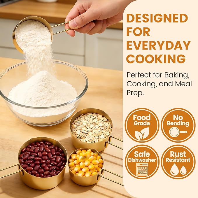 Gold 304 Stainless Steel Measuring Cup and Spoon Set, Stackable, 8-Piece, Long Handle for Narrow Bottles, Premium Gold Kitchen Utensils for and Cooking