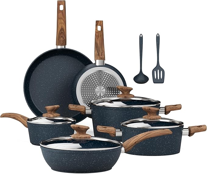 Kitchen Academy Pots and Pans Set Non Stick - 12 Piece Induction Kitchen Cookware Sets, Blue Granite Nonstick Cooking Pans Set