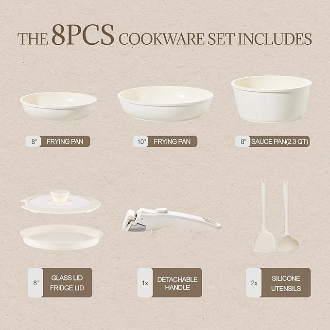 Ceramic Cookware Set Non Stick 8Pcs Pots and Pans Set Detachable Handle Induction Kitchen Cooking Set with Frying Pans Oven Dishwasher Safe, PFAS/PFOA Free, Cream White