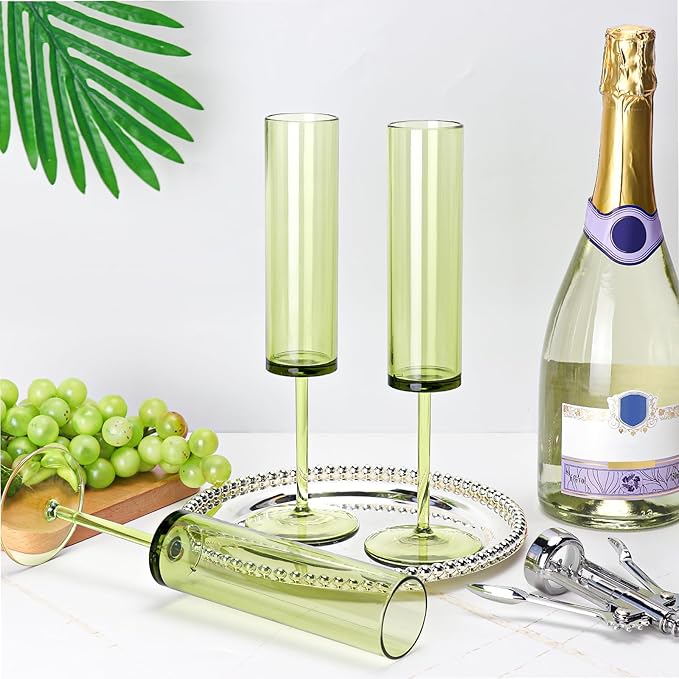 24 PCS Green Champagne Flutes Plastic 5.4OZ Clear Acrylic Champagne Glasses Long Stem Champagne Flutes Sparkling Wine Glasses Sage Green Champagne Glasses FOR Wedding Cocktail Cups Cava Prosecco