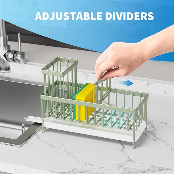 Cisily Sponge Holder for Kitchen Sink, Sink Caddy Organizer with High Brush Holder, Kitchen Countertop Organizers and Storage Essentials, Rustproof 304 Stainless Steel (Sage Green, 9.25″)
