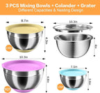 Nicdiet Mixing Bowls with Airtight Lids, Stainless Steel Mixing Bowl Set with 3 Metal Nesting Bowls, Colander & Grater, Non-Slip Bottoms, Size 1.5, 2.5, 5 QT, Great for Mixing & Serving, Mutilcolor