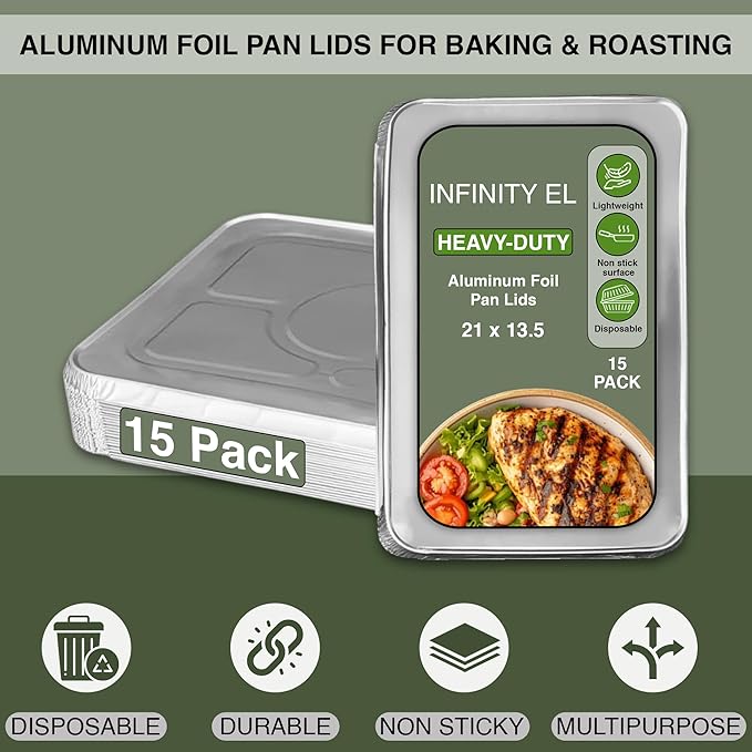 INFINITY EL Disposable Aluminum Foil Pan Lids 15 Pack | Full Size 21" x 13.5" Insulated Foil Pan Lids | Heavy Duty Aluminum Foil Lids for Catering, Food Storage, Turkey, Lasagna, Parties & Meal Prep