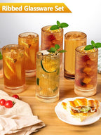 16Oz Amber Ribbed Glassware Set Of 6 – Vintage Drinking Glasses And Ribbed Glass Cups, Amber Glassware Drinkware Set For Water, Juice, Cocktails, Iced Coffee, Smoothies, Beer, Home, Parties