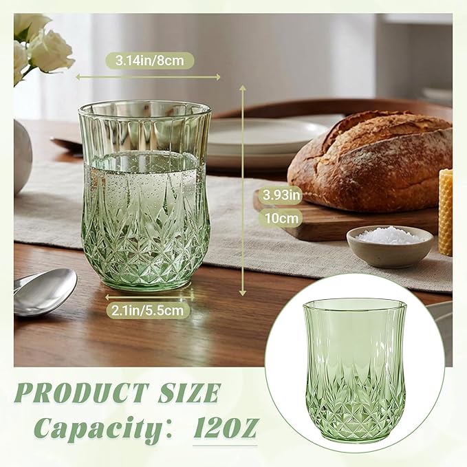 24 Pack Plastic Stemless Wine Glasses,12oz Unbreakable Vintage Elegant Drinking Glass Set,Reusable Fancy Cocktail Cups for Party, Wedding, and Bulk Events (24, 12oz-Sage Green)