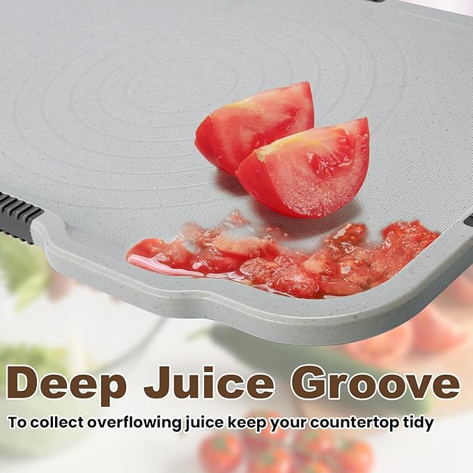 Glotoch Cutting Boards for Kitchen Set of 3, Wheat Straw Chopping Board Dishwasher Safe, BPA Free, Non Slip, 16"X10" Colored Reversible Cutting Board with Stand, Food Icons, Grinder Plate