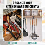 Zorfeter Under Cabinet Kitchen Utensil Hooks, Stainless Steel Utensil Racks 360°Rotating Drilling Free Adhesive Utensils Hanging Rack Holder, Black