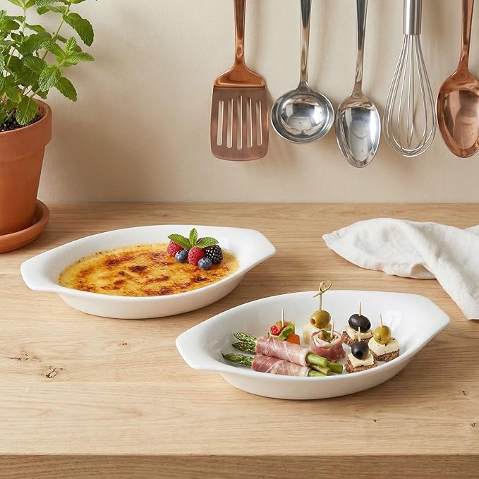 6" x 4" Ceramic Oval Small Au Gratin Baking Dishes 7 oz, Set of 4 Banana Split Bowls, Oven and Microwave Safe, for 1 person servings, Bakeware with Handle(8.3 IN) for Kitchen and Home