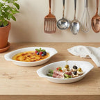 6" x 4" Ceramic Oval Small Au Gratin Baking Dishes 7 oz, Set of 4 Banana Split Bowls, Oven and Microwave Safe, for 1 person servings, Bakeware with Handle(8.3 IN) for Kitchen and Home