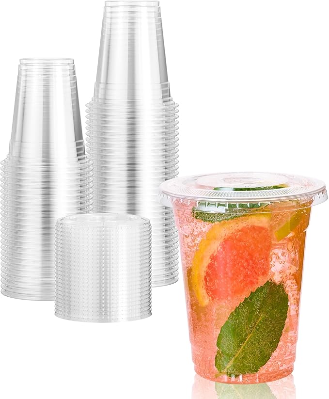 Vplus 200 Pack 12 OZ PET Clear Plastic Cups with Lids, 12 OZ Crystal Cold Disposable Drinking Plastic Cups with Flat Lids, Perfect for Ice Coffee, Smoothie, Juice