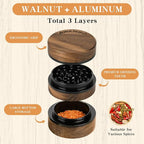 3-Piece Grinder, 2.5" Walnut Wood & Aluminum Grinder for Kitchen Spices with Large Bottom Chamber