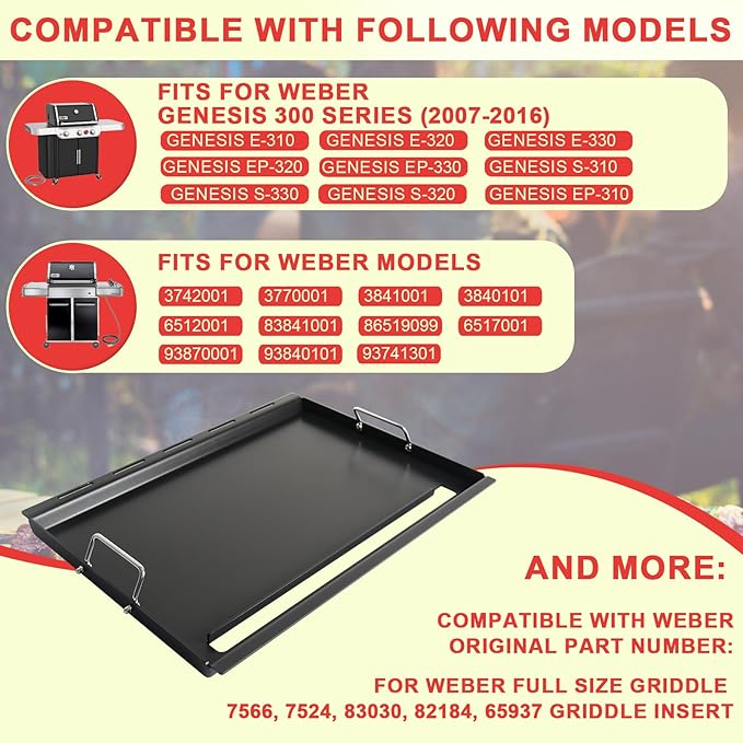 Genesis 300 Griddle Insert for Weber Genesis E310 S310 S320 E320 S330 EP320 EP310 EP330 CEP-310 Grill Parts, 7524 Carbon Steel Full-Size Flat Top Griddle Plate for Weber 7528 Grates
