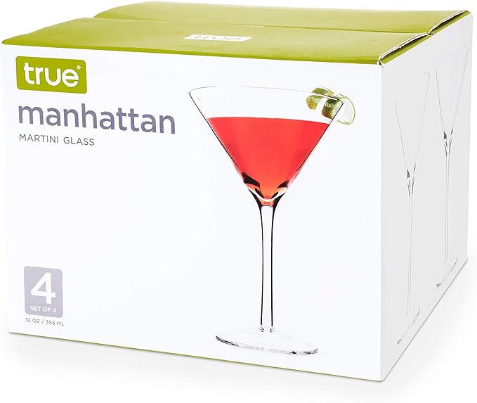 True Manhattan Martini Glass, Crystal Cocktail Coupes, Clear Glass, Cocktail glass set, Dishwasher Safe, Holds 12 oz., Set of 4