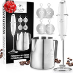 Zulay Premium Gift Milk Frother Set – Handheld Coffee Frother with Stand, 12oz/350ml Frothing Pitcher + 4 Latte Art Stencils – 13,000 RPM Motor, SS Whisk, Battery Operated – Barista Kit (White)
