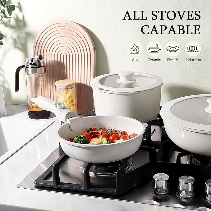 GiPP Non Stick Frying Pans Set Removable Handle, Oven Safe Nonstick Fry Pan Skillets with Detachable Handle, Granite Coating Healthy Cooking Compatible with All Stovetops, PFOA Free, RV Cookware set