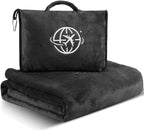 2-in-1 Travel Blanket and Pillow – Lightweight, Compact, Ultra Soft, Machine Washable – Handle, Luggage Sleeve, Backpack Clip – for Travel Airplane, Car, Office (Black)