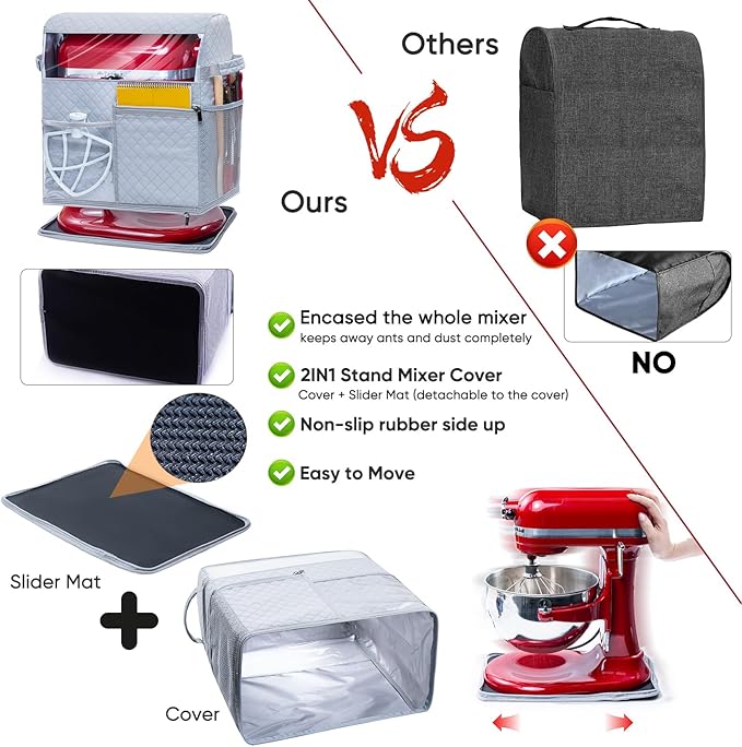 BAGSPRITE Stand Mixer Cover with Detachable Appliance Sliders Base Compatible with KitchenAid Mixer-Storage Bag for 6/7/8 Quart with Pockets for Kitchen Aid Accessories and Attachments