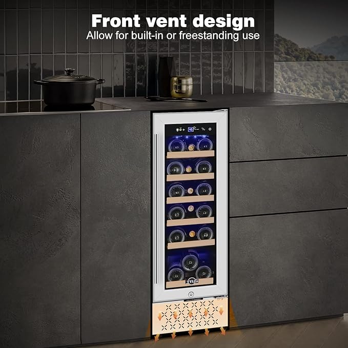 Tylza 12" Wine Cooler Refrigerator, 18 Bottles Capacity, Compact Freezerless, Temperature Stability, Low Noise, Double-Layer Tempered Glass Door