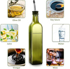 Leaflai 2 Pcs Green Glass Olive Oil Dispenser and Vinegar Dispenser Set with 2 Stainless Steel Pourers, 4 Labels, 1 Brush, 1 Funnel (500ml) for Kitchen, Cooking, Salad Dressing, Barbecue, Mixing