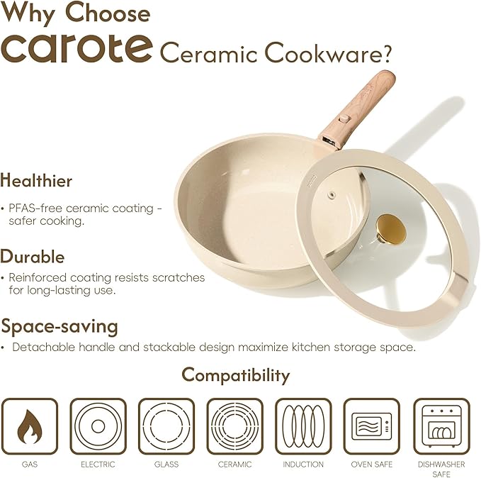 CAROTE 22PCS Pots and Pans set Non Stick, Ceramic Cookware Set, RV Kitchen Cooking Set Removable Handles, Oven Safe, Induction Coolware, Non-toxic Kitchen Cooking Set, PFAS and PFOA Free