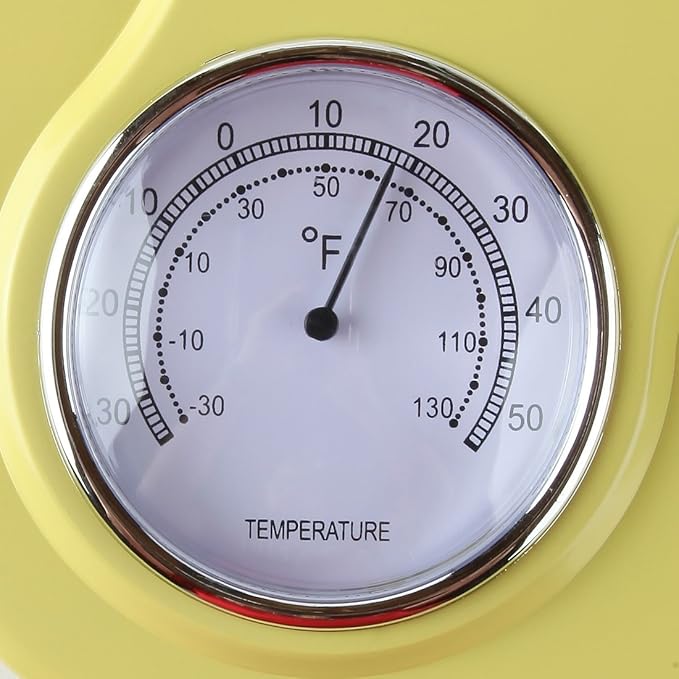 Lily's Home - 9.5 Inch x 12.5 Inch - Retro Kitchen Wall Clock, Vintage Wall Clock with a Thermometer and 60-Minute Timer, Ideal for Any Kitchen, Office, or Diner (Yellow)