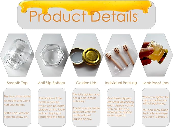 Adabocute Honey Pot, Mini Honey Jars with Wood Dipper, Gold Lid, Bee Pendants, Beige Gift Bags, Thanks for Beeing Here Tags, Mini Honey Jars for Baby Shower Favors Wedding Favors, 60 Pack